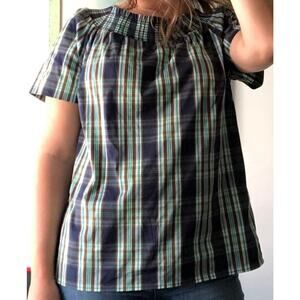 Talbots Off /On Shoulder SS Smocked Cotton Stretch Tartan Plaid Blouse Sz. Lg.